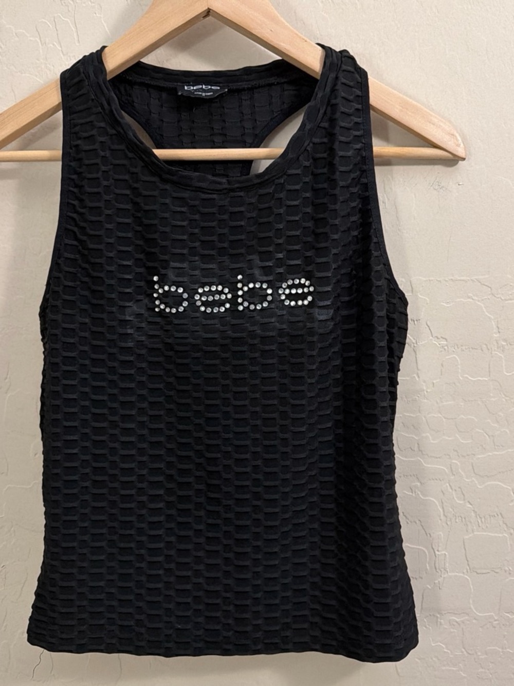 bebe Black Studded Logo Textured Tank racerback stretchable